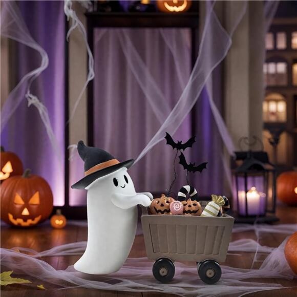 Spooky Resin Ghost Figurines with Candy Cart for Halloween Tabletop Mantel - Picture 3 of 7
